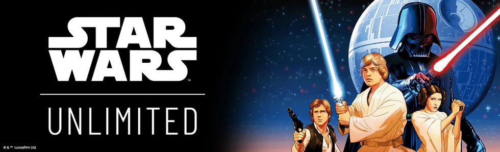 Star Wars Unlimited logo with characters and lightsabers on a dark background