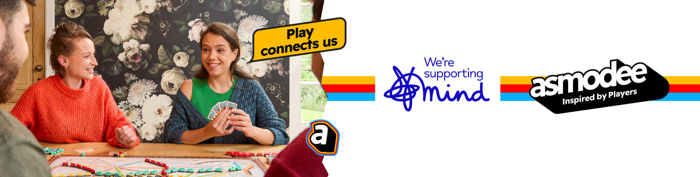 Two people playing a board game with an Asmodee logo and Mind support text in the background.