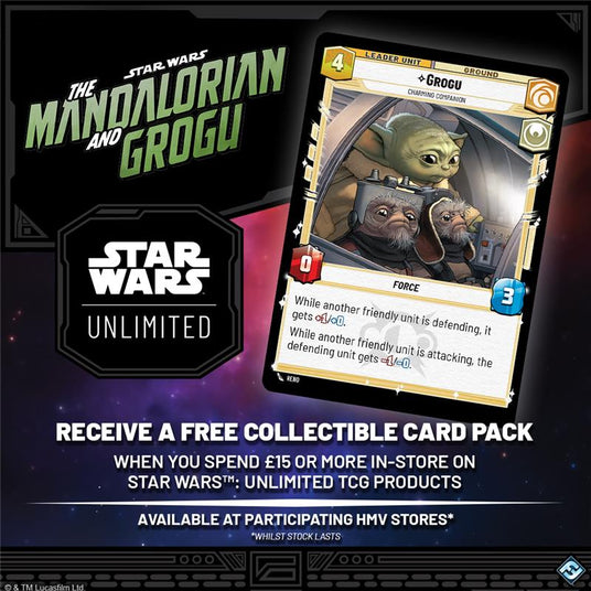 Star Wars collectible card featuring Grogu and other characters with promotional text for Star Wars Unlimited.